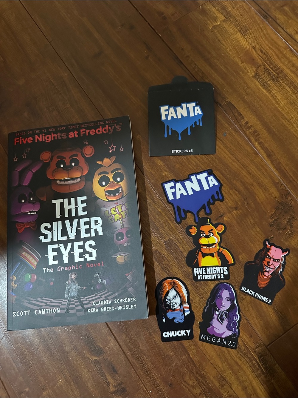 FNAF Silver Eyes Graphic Novel + Fanta Horror Promo Stickers Freddy Chucky